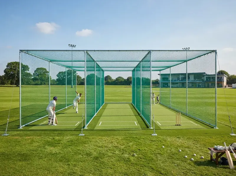 Green cricket practice net enclosing a pitch on a grass ground
