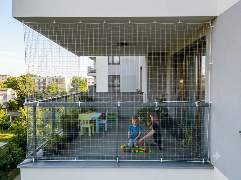 Balcony safety net around a high-rise balcony where children are playing