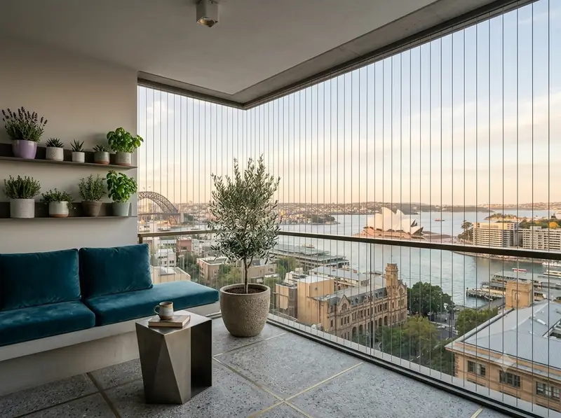 Invisible grill cables across a corner balcony with a wide city view