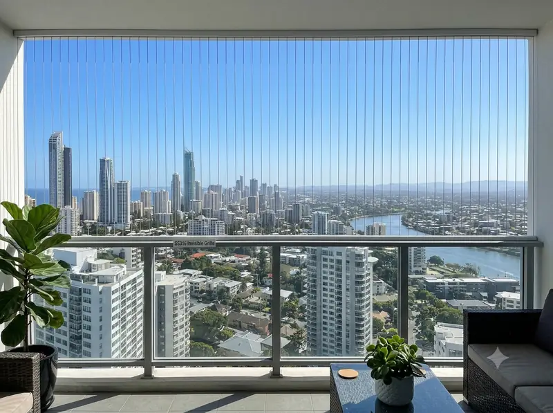 Invisible grill cables above the railing of a high-rise balcony