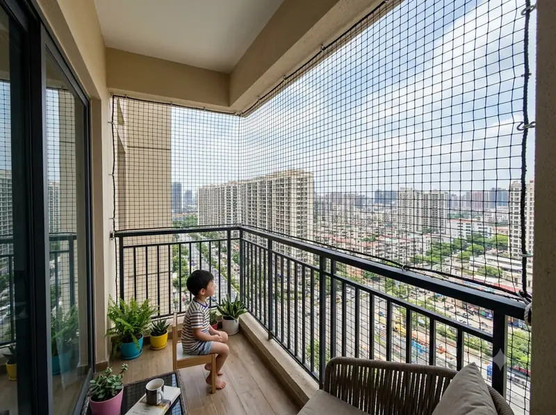 Child sitting safely on a balcony fitted with invisible grill cables